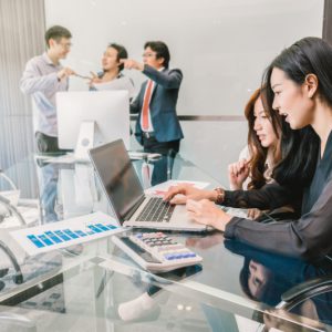 Group Of Asian Business people with casual suit working and talking together in the modern Office, people business group concept